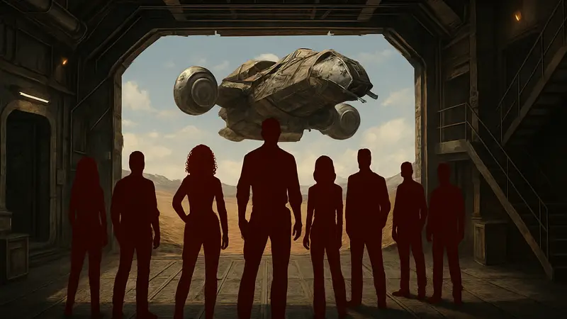 Кадр из оригинального сериала Firefly или стилизованное изображение команды «Серенити» для анонса мультсериала.