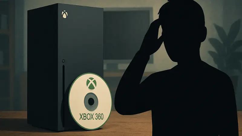 Консоли Xbox Series и диск от Xbox 360, символизирующие проблему обратной совместимости.