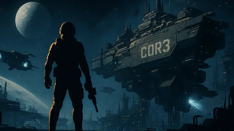 Кадр из трейлера COR3, показывающий элементы космического шутера и футуристического сеттинга.
