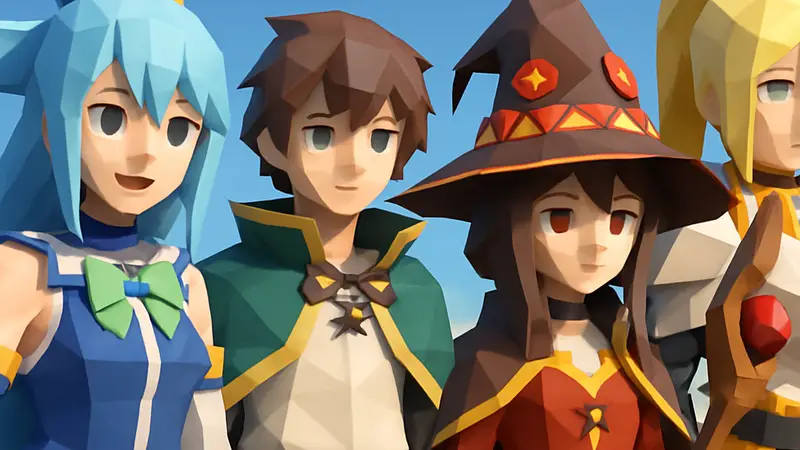 Кадр из аниме-сериала Konosuba, изображающий главных персонажей, перевернувший жанр исекай.