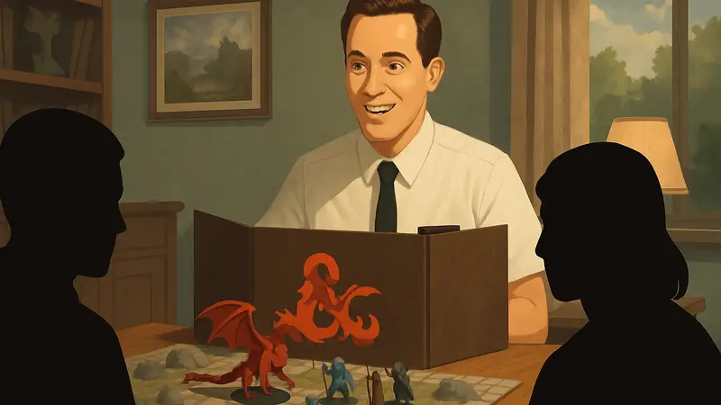 Кевин Клей в гриме Elder Price, сидящий за столом с игровым полем Dungeons & Dragons и миниатюрами.