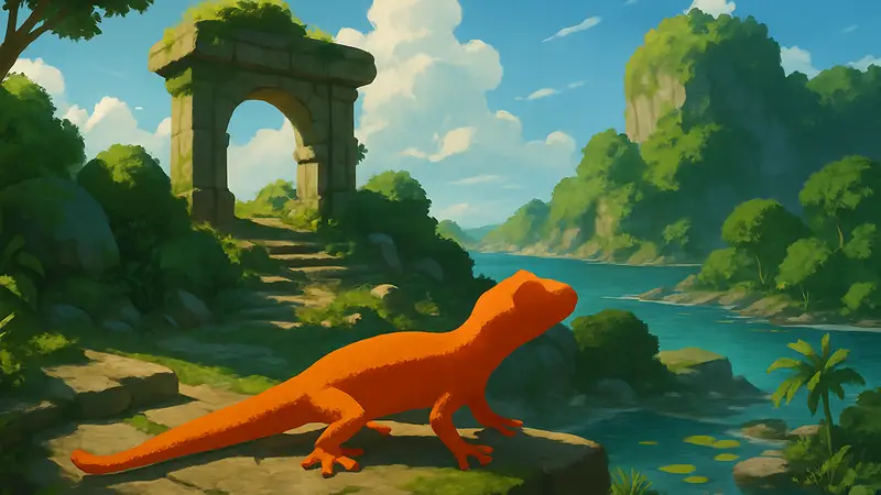 Кадры из игры Gecko Gods, геккон-персонаж в ярком мире.