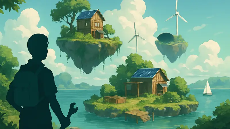 Изображение игры Solarpunk с парящими островами и элементами строительства в уютном стиле выживания.