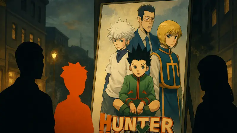 Обложка манги Hunter x Hunter с главными героями, на фоне анонса возвращения.