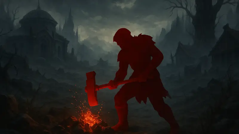 Игровой персонаж фармит Угли для зачарований в No Rest for the Wicked на фоне мрачного мира.