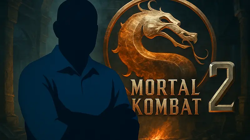 Тодд Гарнер, продюсер Mortal Kombat, на фоне логотипа фильма «Мортал Комбат 2».