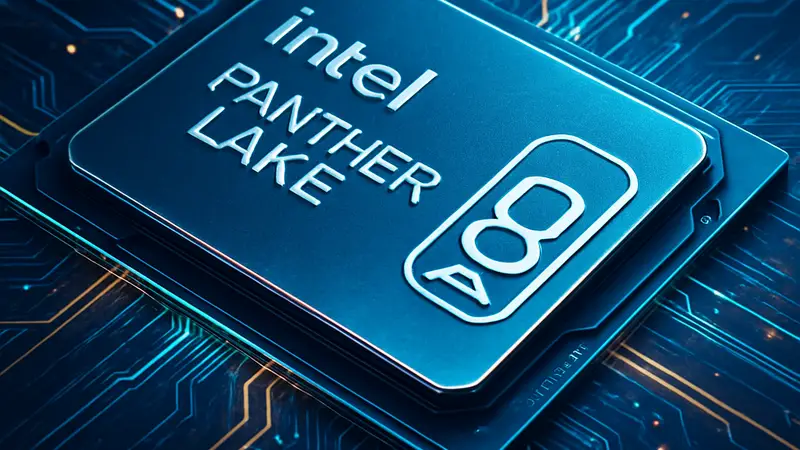 Футуристический дизайн процессора Intel с названием Panther Lake и логотипом 18A, символизирующий новые технологии.