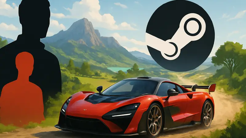Изображение гоночного автомобиля из игры Forza Horizon на фоне живописного пейзажа, логотип Steam.