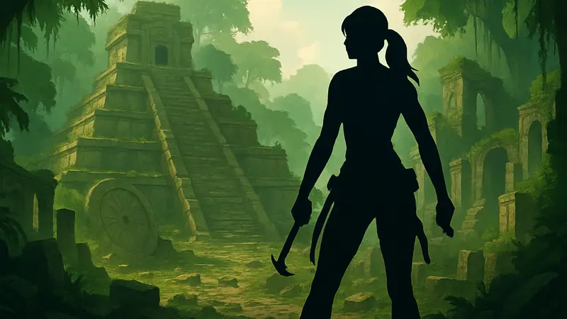 Лара Крофт исследует древние руины в джунглях, символизируя Tomb Raider