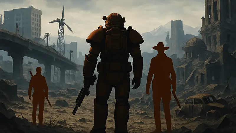 Скриншот мода Fallout: The New West, показывающий разрушенный мир и персонажей.
