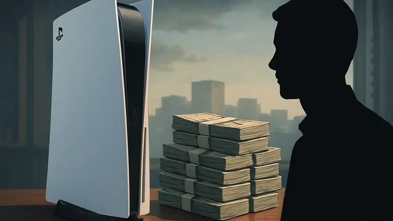 Игровая консоль PlayStation 5 рядом со стопкой денег, символизирующая высокую стоимость.