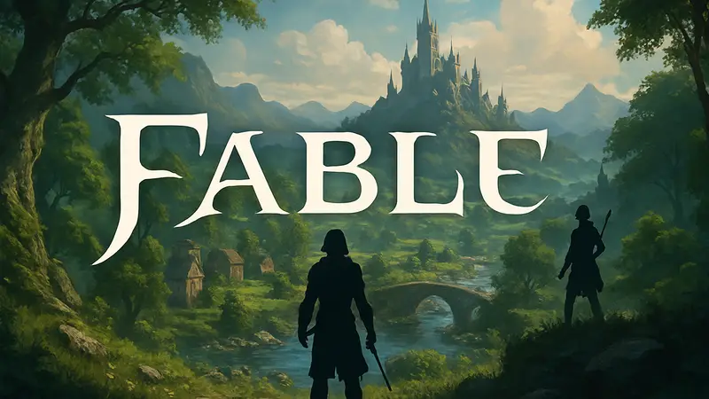Логотип игры Fable на фоне фэнтезийного мира.