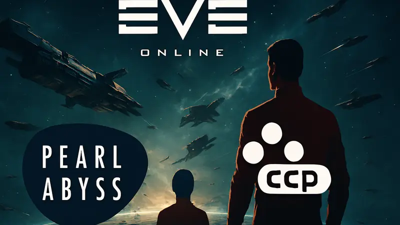Логотип EVE Online и студий Pearl Abyss, CCP Games на фоне космических кораблей