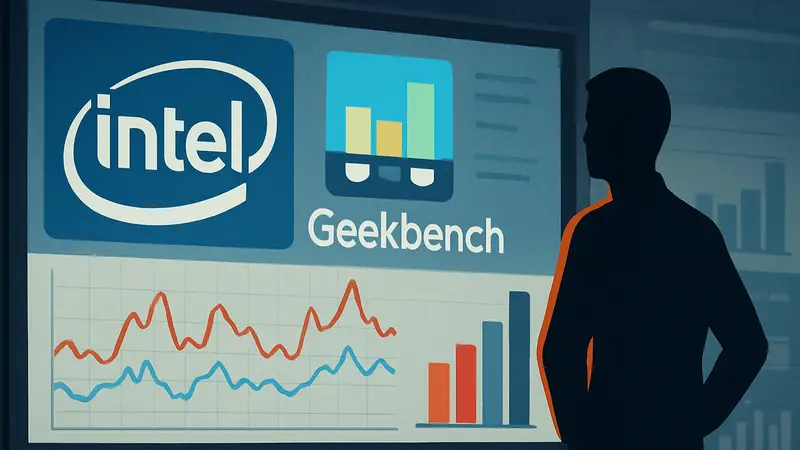 Логотипы Intel и Geekbench, графики производительности CPU