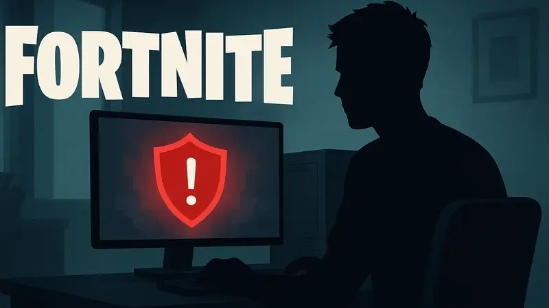 Логоти п Fortnite на фоне компьютера с предупреждением об античите.