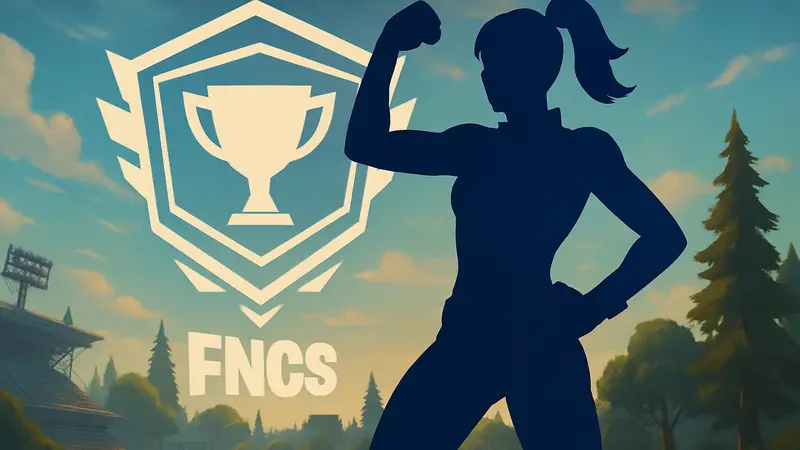 Чемпион Кор из Fortnite в скине Champion Kor, демонстрирующая победную позу на фоне логотипа турнира FNCS Cup.