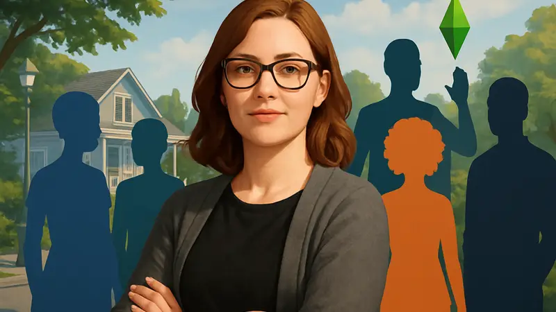 Художница The Sims Джесс Хайленд на фоне персонажей игры, символизирующих разнообразие.