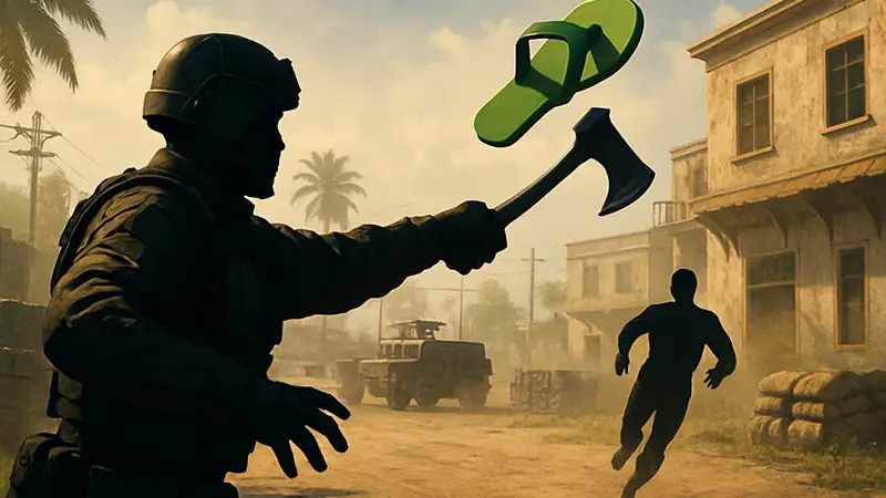 Игрок Call of Duty Mobile метает боевой топор в виде шлепанца в противника.