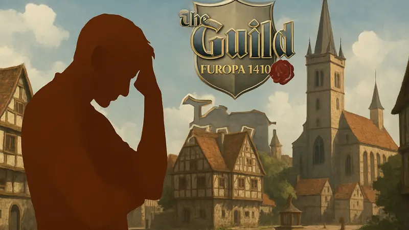 Разочарованный игрок смотрит на логотип The Guild Europa 1410 на фоне средневекового города.