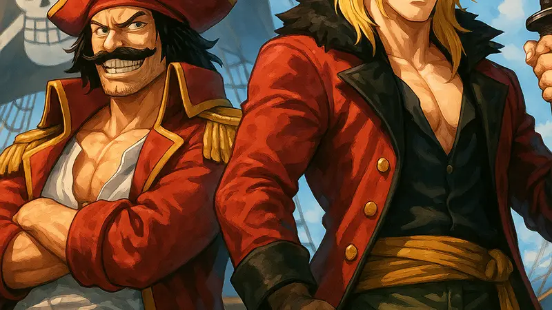 Иллюстрация персонажей One Piece, Гол Д. Роджера и нового пирата Локи, на фоне пиратского корабля.