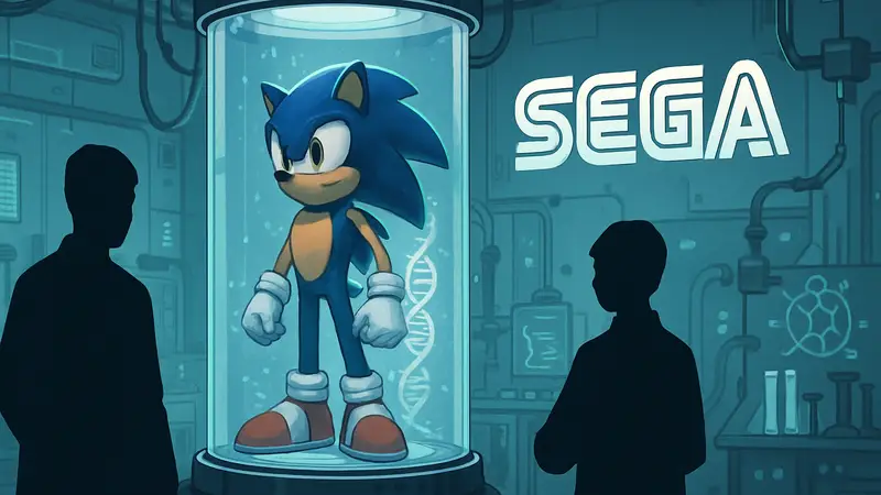 Полноразмерная фигурка Соника с "ДНК" в лабораторной колбе, рядом логотип Sega и элементы биотехнологий.