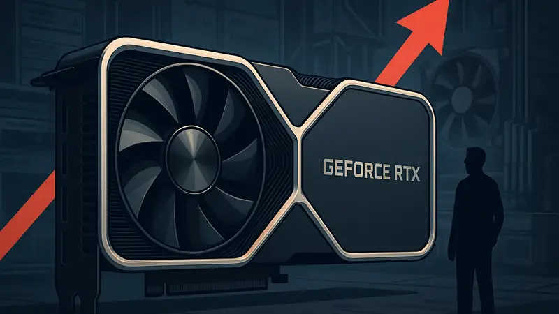 Видеокарта Nvidia GeForce RTX на фоне компьютерного оборудования, символизирующая рост цен на GPU.
