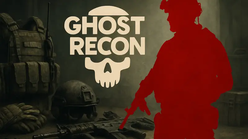 Логотип Ghost Recon на фоне военного снаряжения или концепт-арт бойца спецназа.