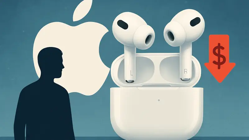 Наушники Apple AirPods 4 на фоне логотипа Apple, со сниженной ценой.