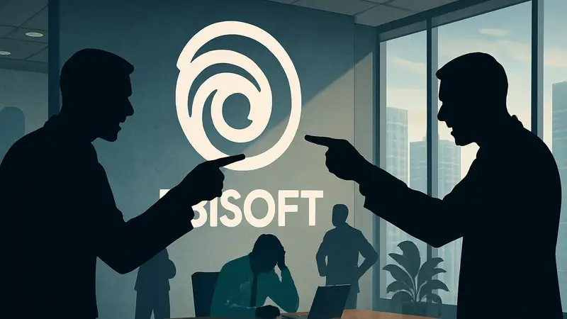 Логотип Ubisoft на фоне делового конфликта, символизирующего проблемы с руководством Ива Гиймо