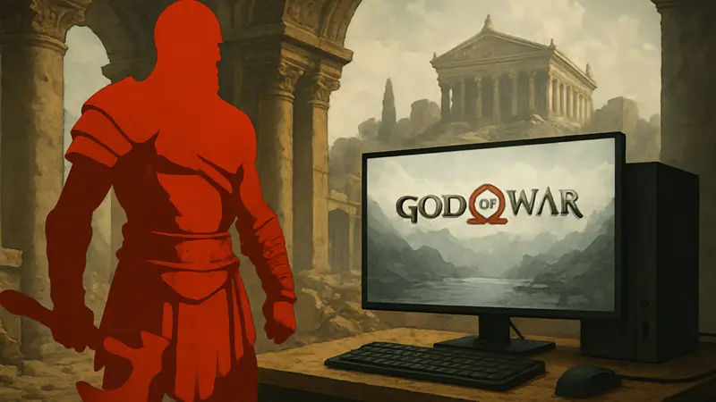 Ремейк God of War, Кратос в древнегреческих доспехах, на фоне ПК.