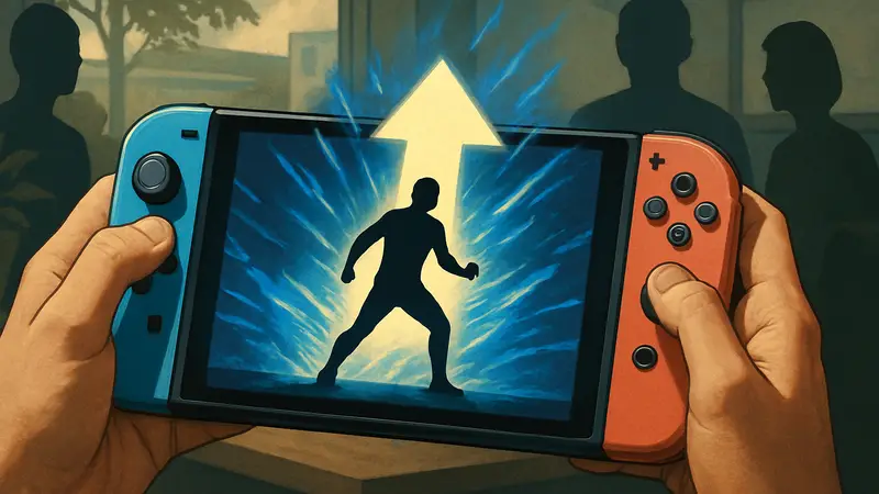 Руки, держащие Nintendo Switch 2 в портативном режиме, с эффектом усиления производительности.