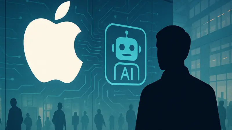 Логотип Apple рядом с символом ИИ или роботом, демонстрирующий интеграцию технологий