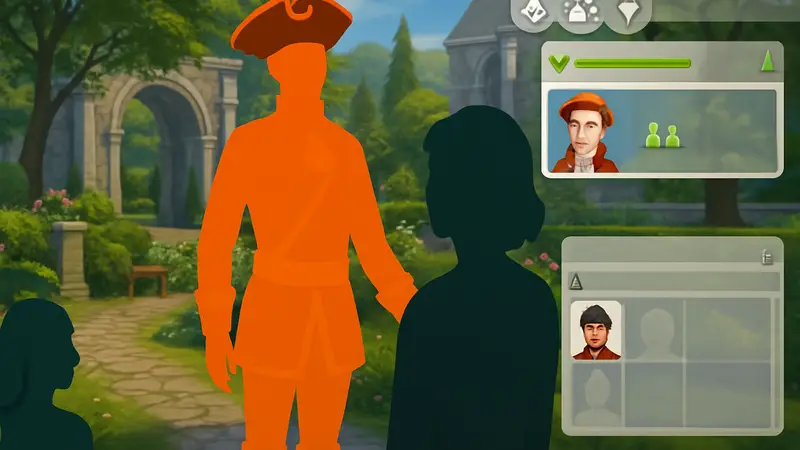 Геймплей The Sims 4 с персонажем Королевского посланника и интерфейсом игры.