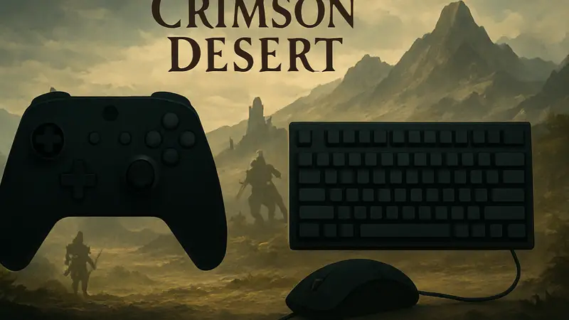 Игровой контроллер и клавиатура с мышью на фоне логотипа Crimson Desert, символизирующие выбор управления