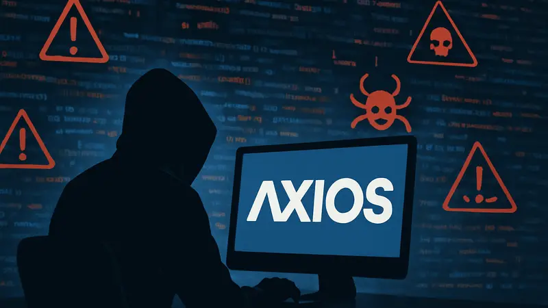 Изображение кода с элементами хакерских символов и логотипом Axios, символизирующее кибератаку