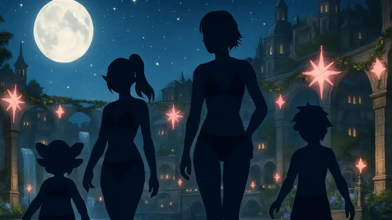 Изображение события Celestial Nights в Final Fantasy XI с персонажами в купальниках