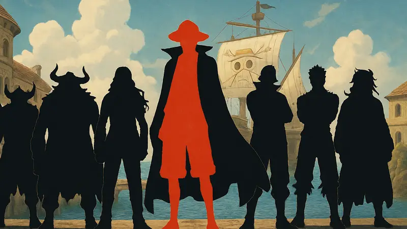 Иллюстрация персонажей из аниме One Piece, включая Шанкса и других могущественных героев из его эры.