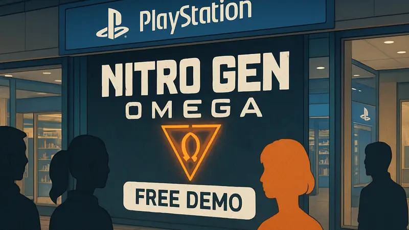 Логотип игры NITRO GEN OMEGA на фоне PS Store, с пометкой "Бесплатная демоверсия".