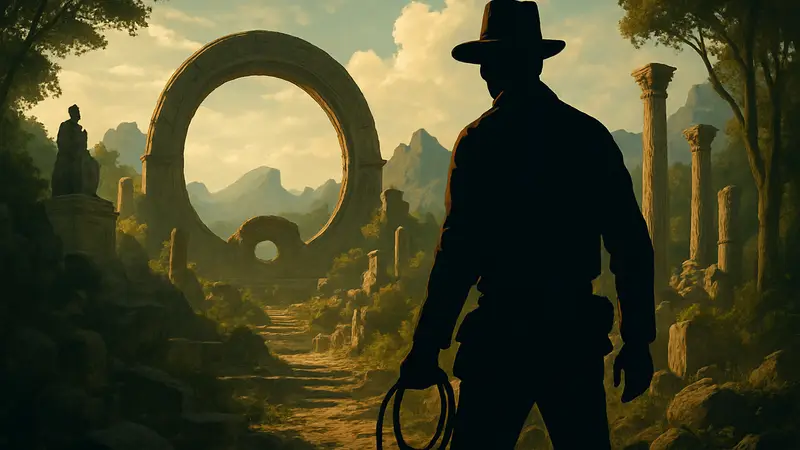 Логотип игры Indiana Jones and the Great Circle с изображением Индианы Джонса, готовящегося к приключению.