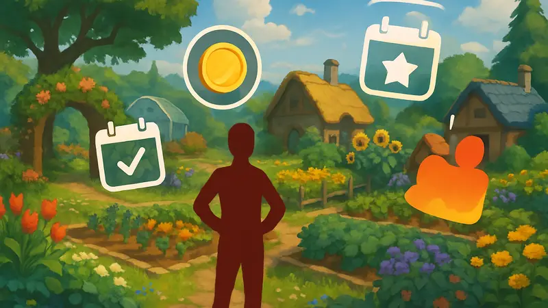 Игровой сад из Garden Horizons с иконками ежедневных и еженедельных квестов и шиллингов.