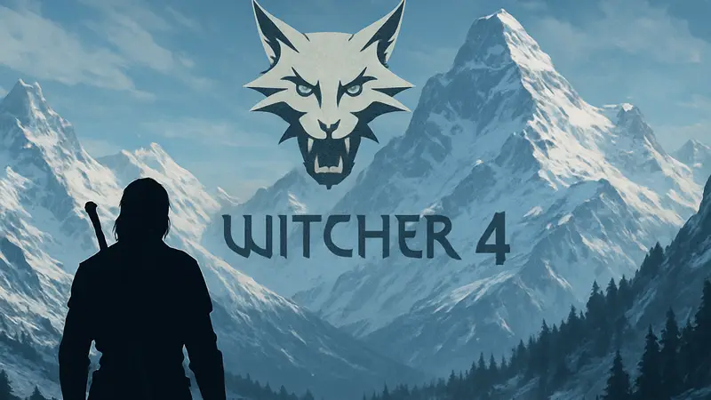 Логотип новой игры The Witcher 4 с символом рыси, на фоне заснеженных гор