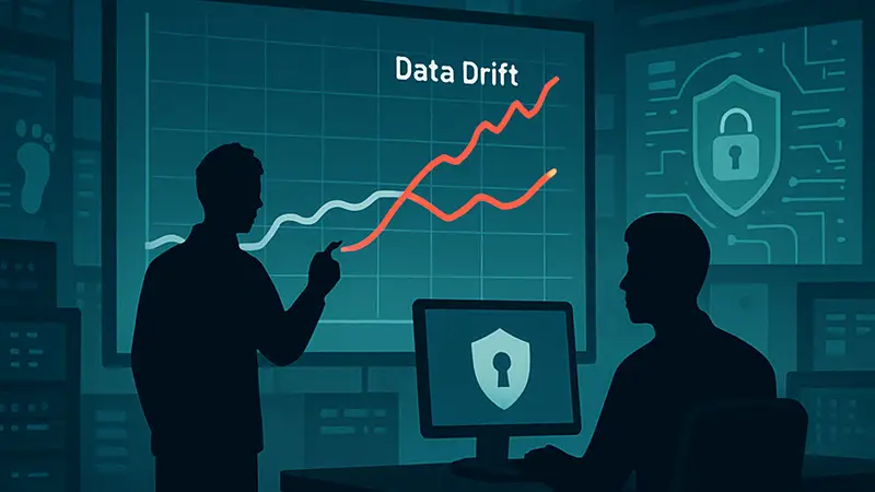 График, показывающий дрейф данных и его влияние на модели машинного обучения в кибербезопасности.