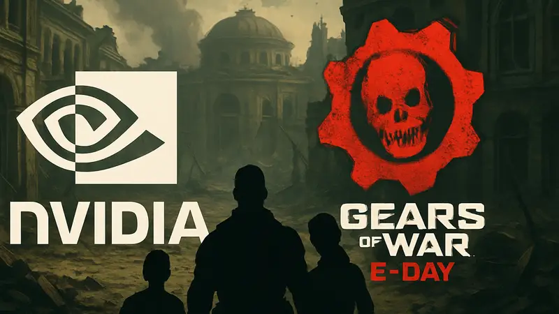 Логотипы NVIDIA и Gears of War: E-Day, символизирующие техническое партнерство в разработке игры.