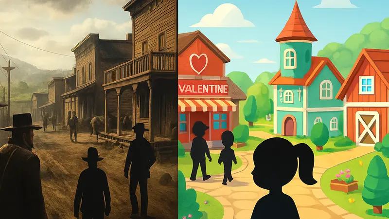 Сравнение города Valentine из Red Dead Redemption 2 и его воссоздания в Heartopia.