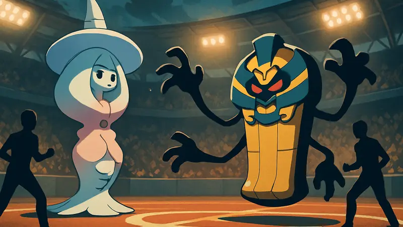 Покемоны Хаттерин и Кофагригус в боевой стойке на арене Pokemon Champions.