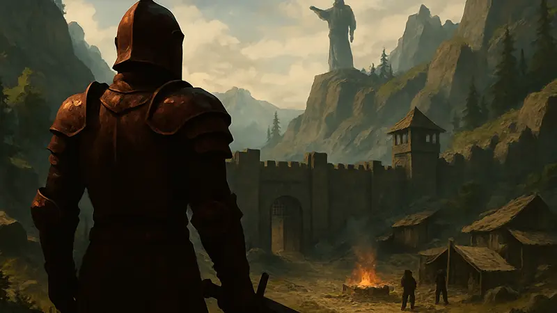 Обложка Gothic 1 Remake, скриншот из игры с персонажем в доспехах, пейзаж колонии