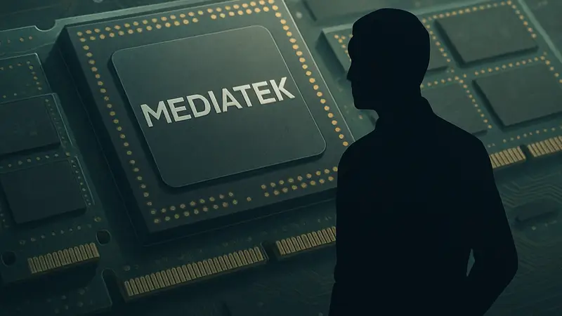 Изображение логотипа MediaTek на фоне чипов памяти, символизирующих технологические прогнозы.