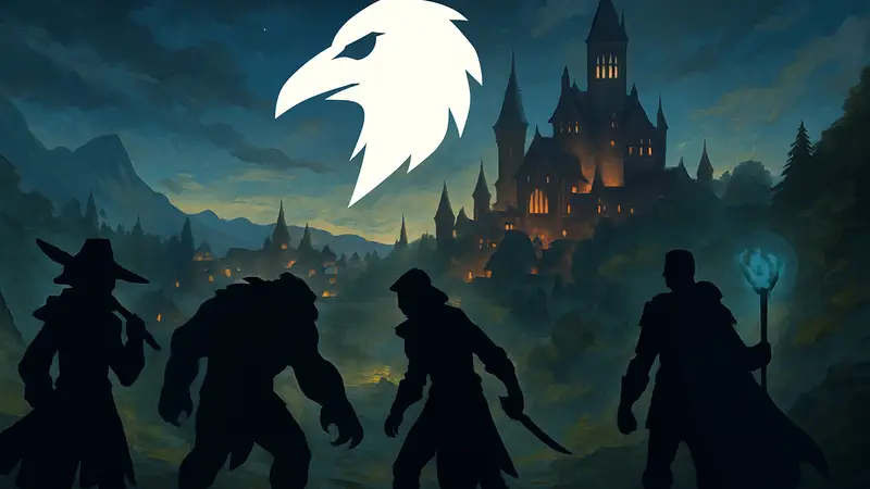 Логотип игры Ravenswatch на фоне игрового процесса с героями