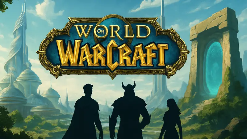 Логотип World of Warcraft на фоне футуристического или обновленного пейзажа Азерота.