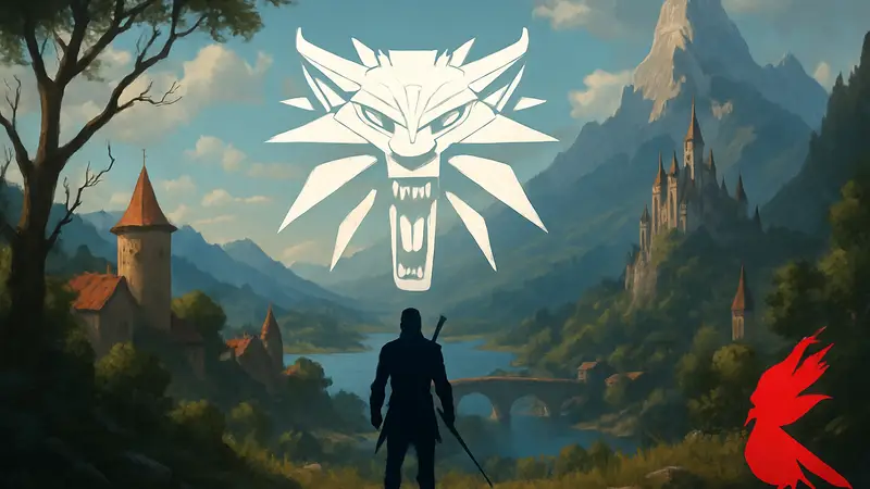 Логотип игры Ведьмак или CD Projekt Red на фоне фэнтезийного пейзажа.